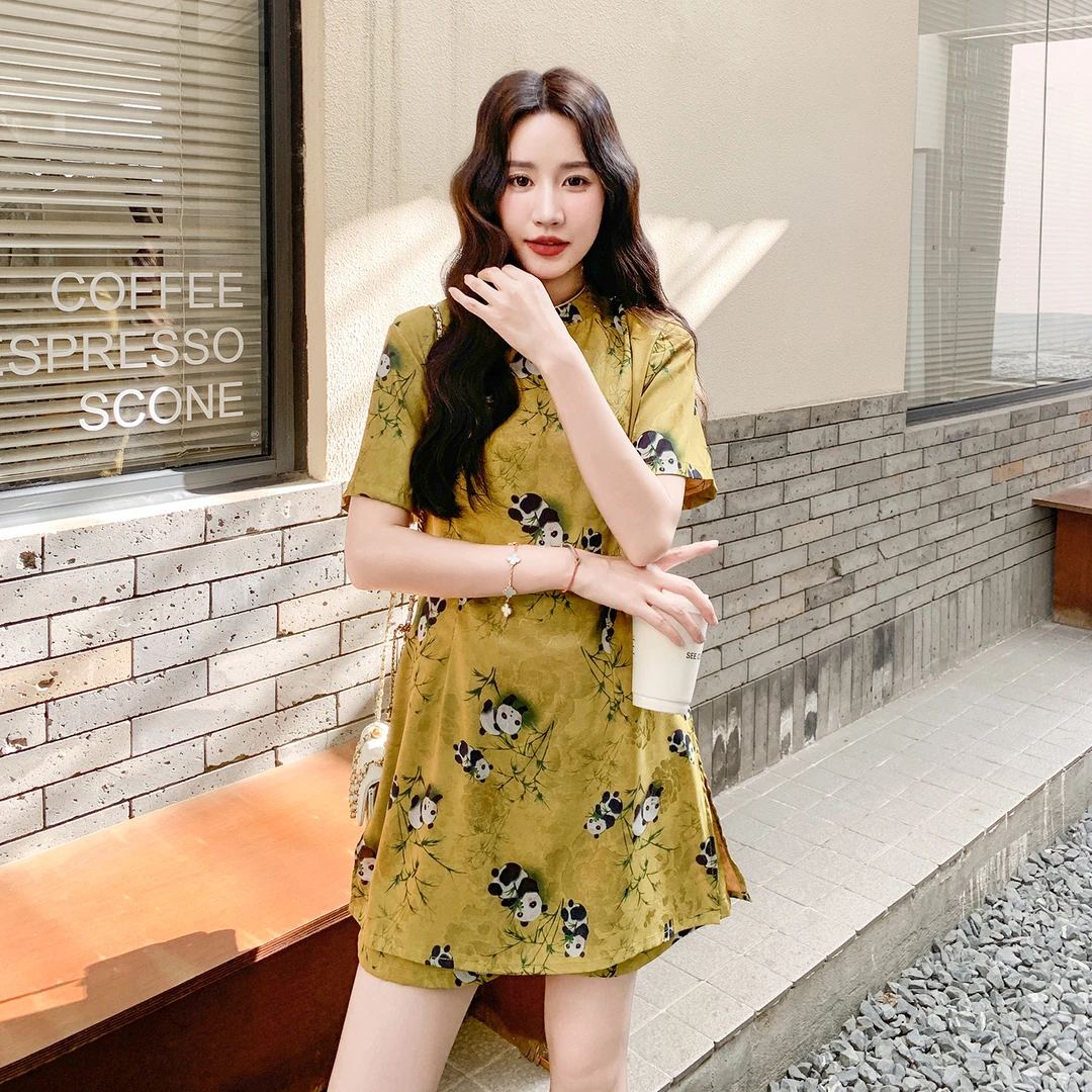 新中式国风套装女2025新款夏季熊猫印花高腰短裤显瘦显腿长两件套