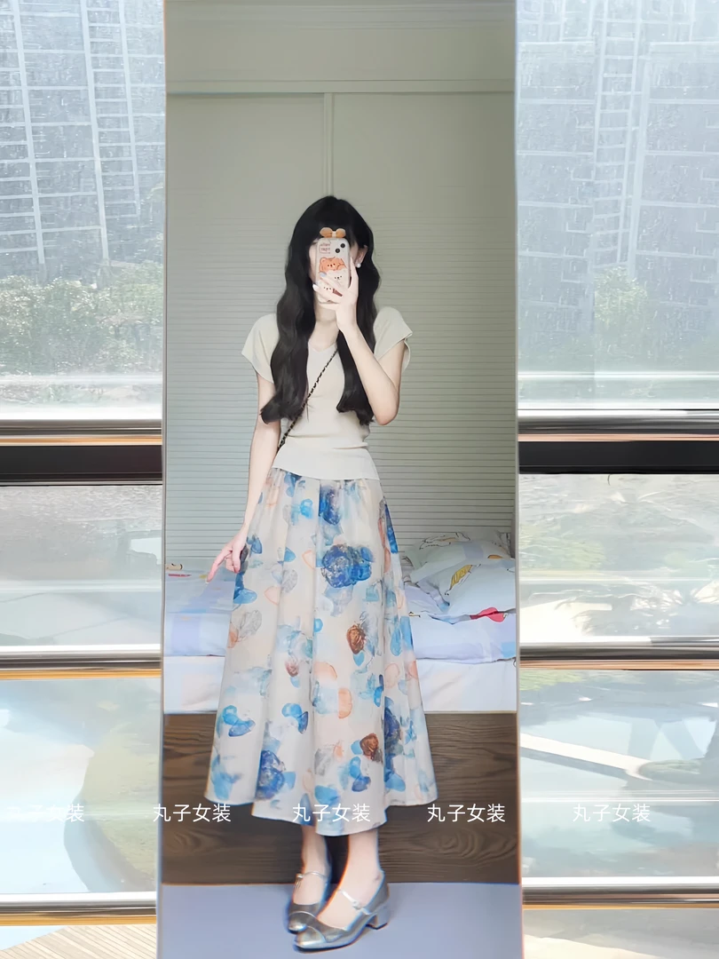 夏季女装套装2025新款修身显瘦纯色短袖上衣百搭高腰油画半身裙子