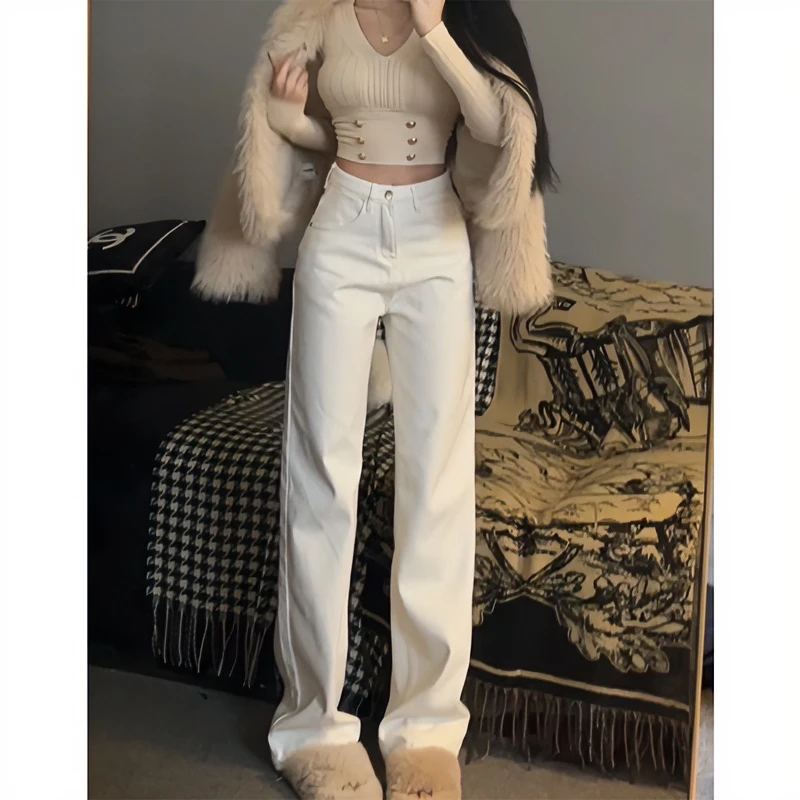 白色高腰阔腿牛仔裤女2025秋季新款百搭遮肉显瘦小个子堆堆直筒裤