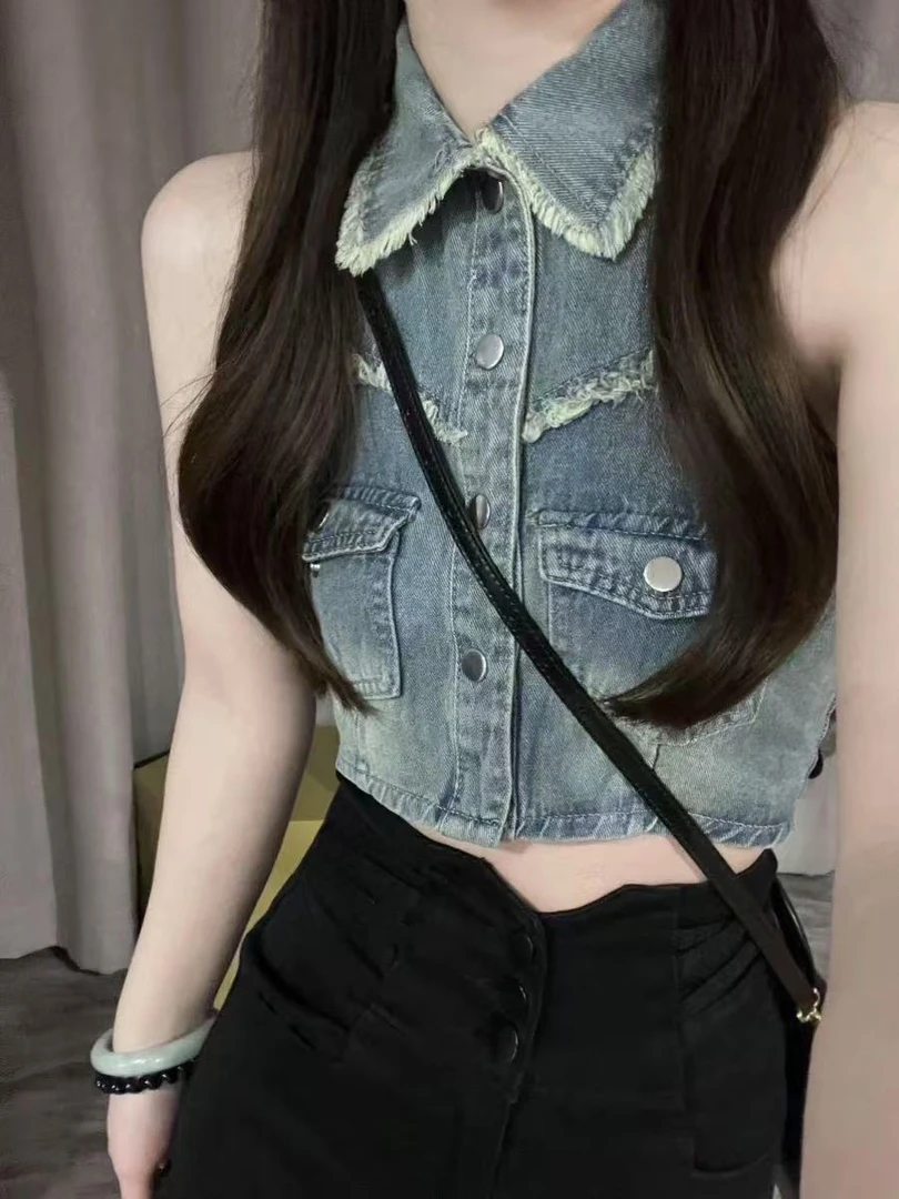 牛仔挂脖背心/2096