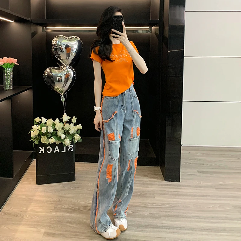 夏季新款显瘦气质2025时尚橙色烫钻短袖T恤高腰牛仔裤百搭两件套
