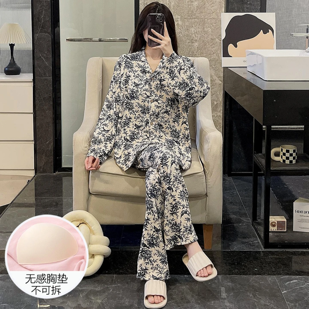 睡衣女春秋季德绒长袖2025新款带胸垫大码保暖黑叶家居服夏天套装