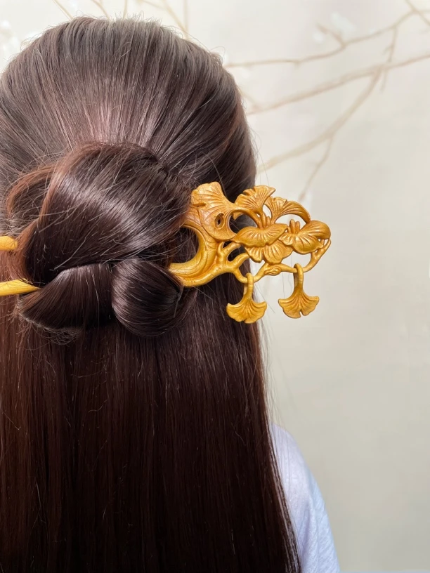 【原创】银杏双钗双面立体雕刻精雕发饰
