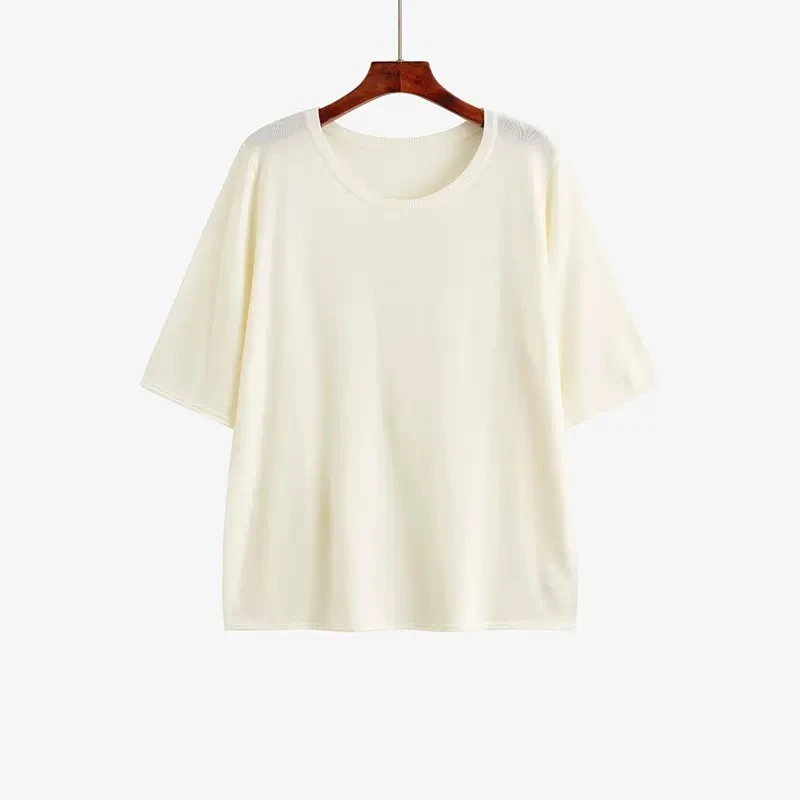 多肉宝贝桑蚕丝+绵羊毛百搭圆领短袖胖mm宽松针织衫2508LT23207