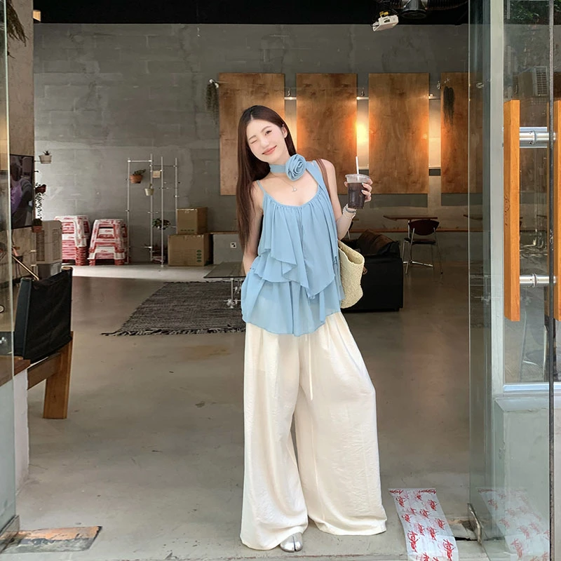 夏季新款纯欲甜美荷叶边雪纺吊带上衣小衫含小花领结宽松裤子套装