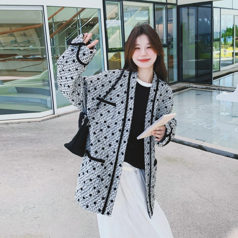 波点小香风毛呢外套女2025春秋新款复古氛围感超好看短款呢子大衣