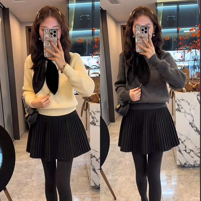 气质入秋一整套女装2025新款气质绑带针织衫上衣时尚百褶裙套装