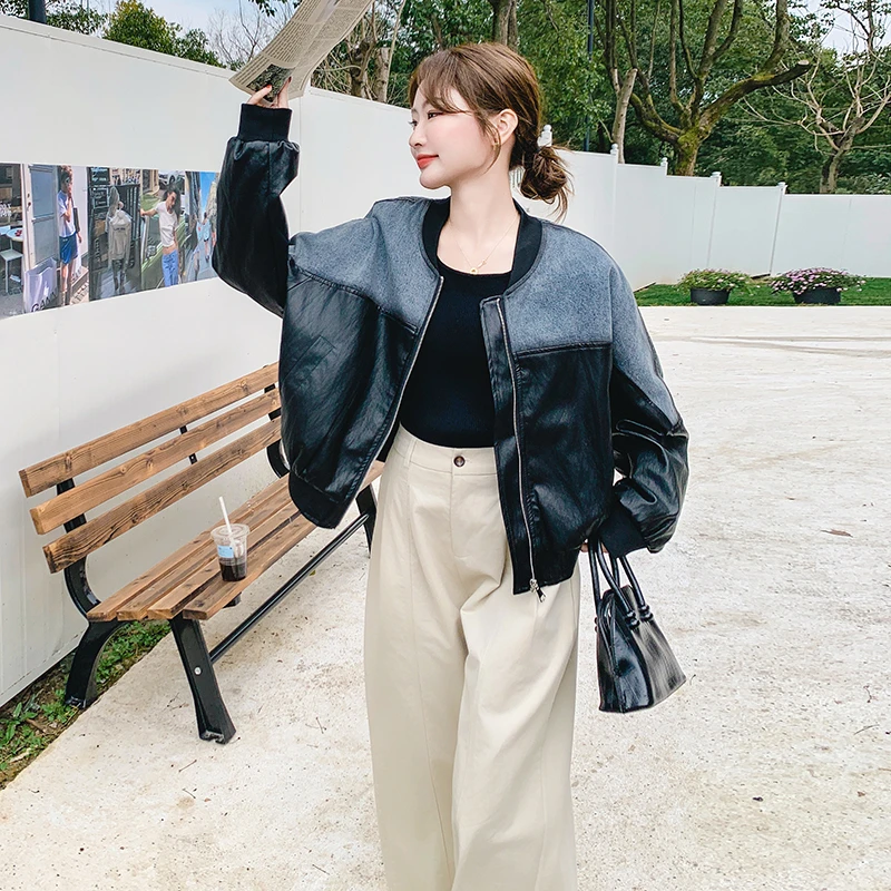 皮衣外套女短款2025春秋新款设计感小众牛仔拼接棒球服夹克上衣潮