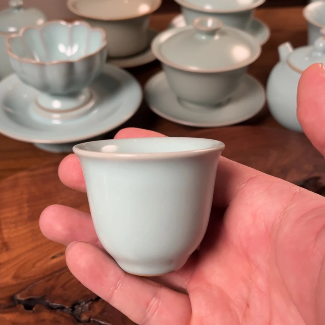 陶摆件玉松汝瓷天青釉色铃铛杯
