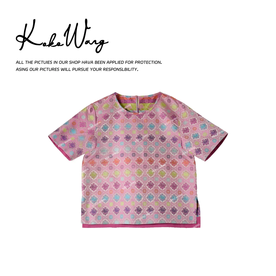 KOKOWANG夏季32姆米100桑蚕丝提花显瘦百搭短袖上衣502445F12T42