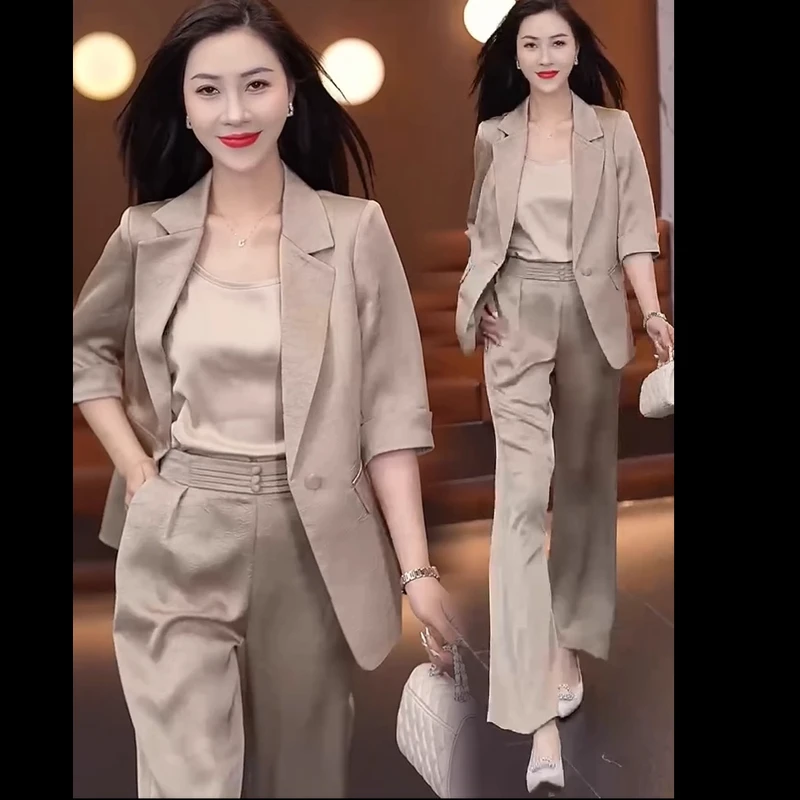垂感阔腿裤西服套装女夏2025年夏季新款气质仿冰丝缎面西服三件套