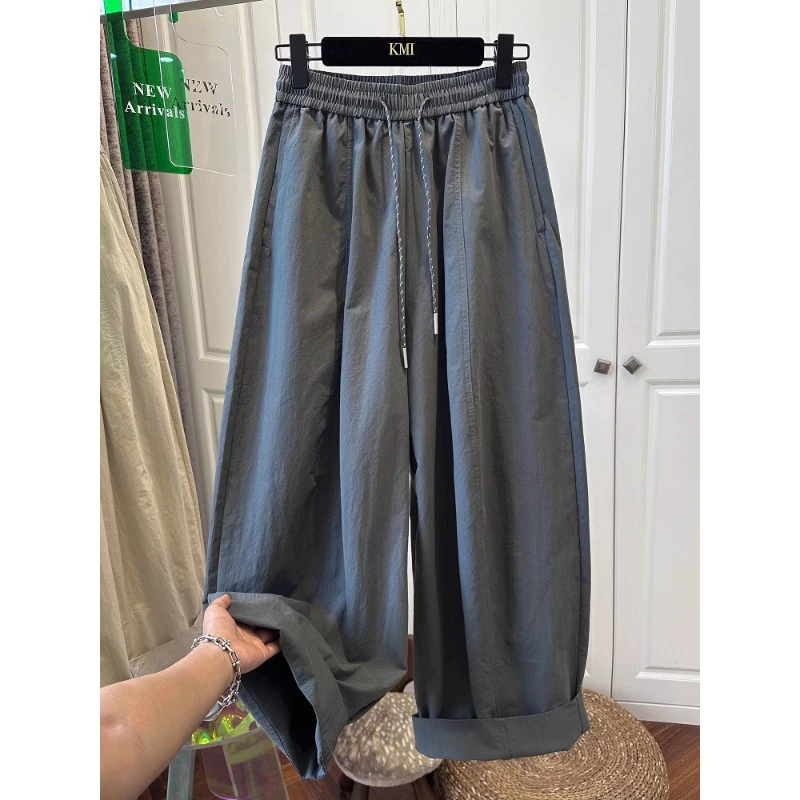 大码女装灰绿色松紧腰抽绳休闲裤夏薄款褶皱宽松显瘦气球裤直筒裤