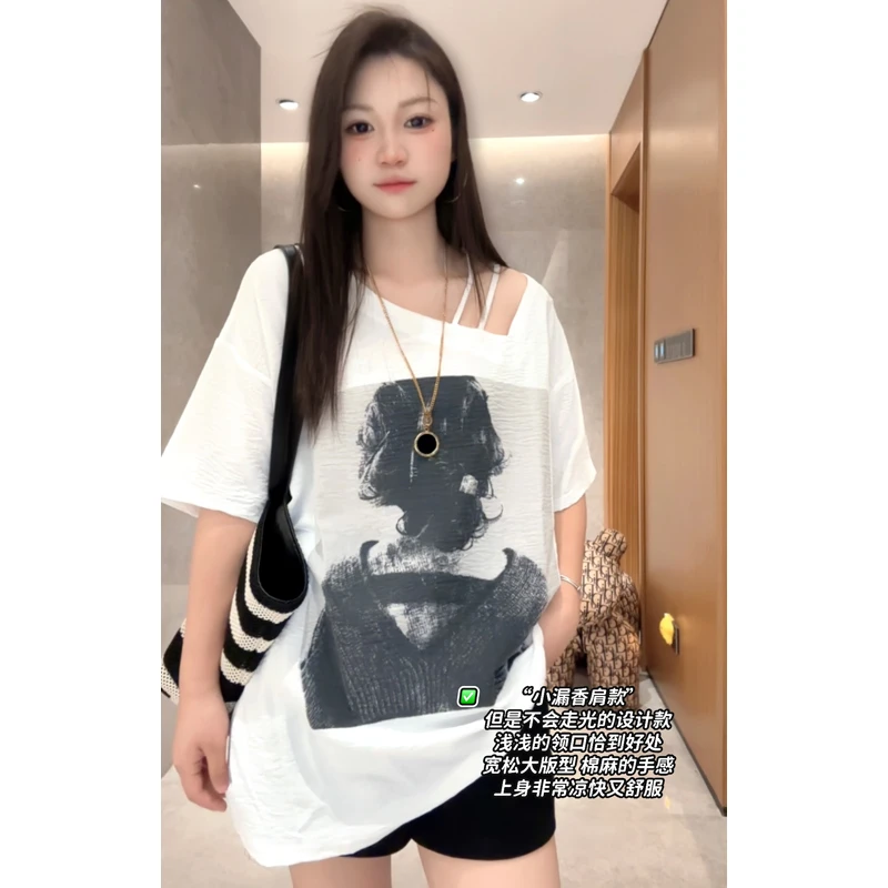 夏季新款斜两带镂空显瘦休闲宽松女T恤短袖韩版时尚时髦松弛感