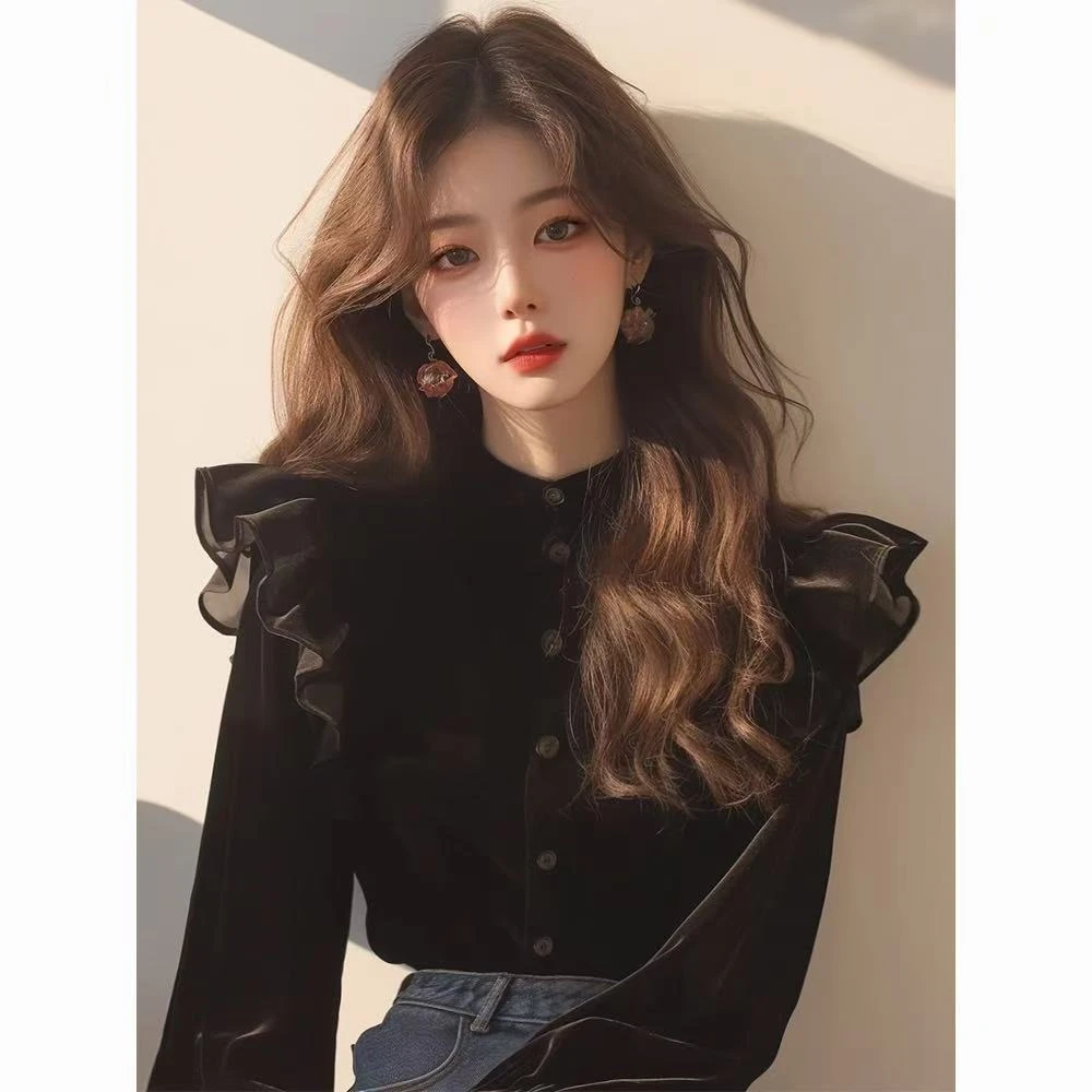 法式赫本风黑色丝绒衬衫女2025秋季新款绝美公主风独特超好看上衣
