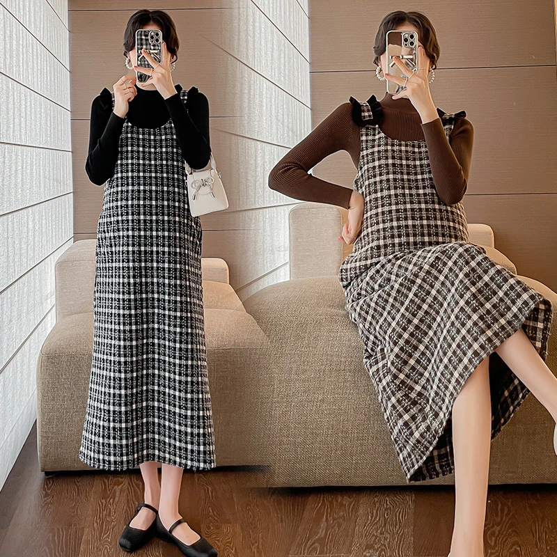【5】秋装新款毛呢格子背带连衣裙+打底毛衣两件套