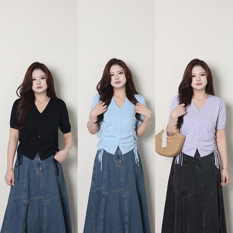 QC裂渡念念【心机显瘦】微胖大码女夏抽绳V领短袖针织上衣XS404N47