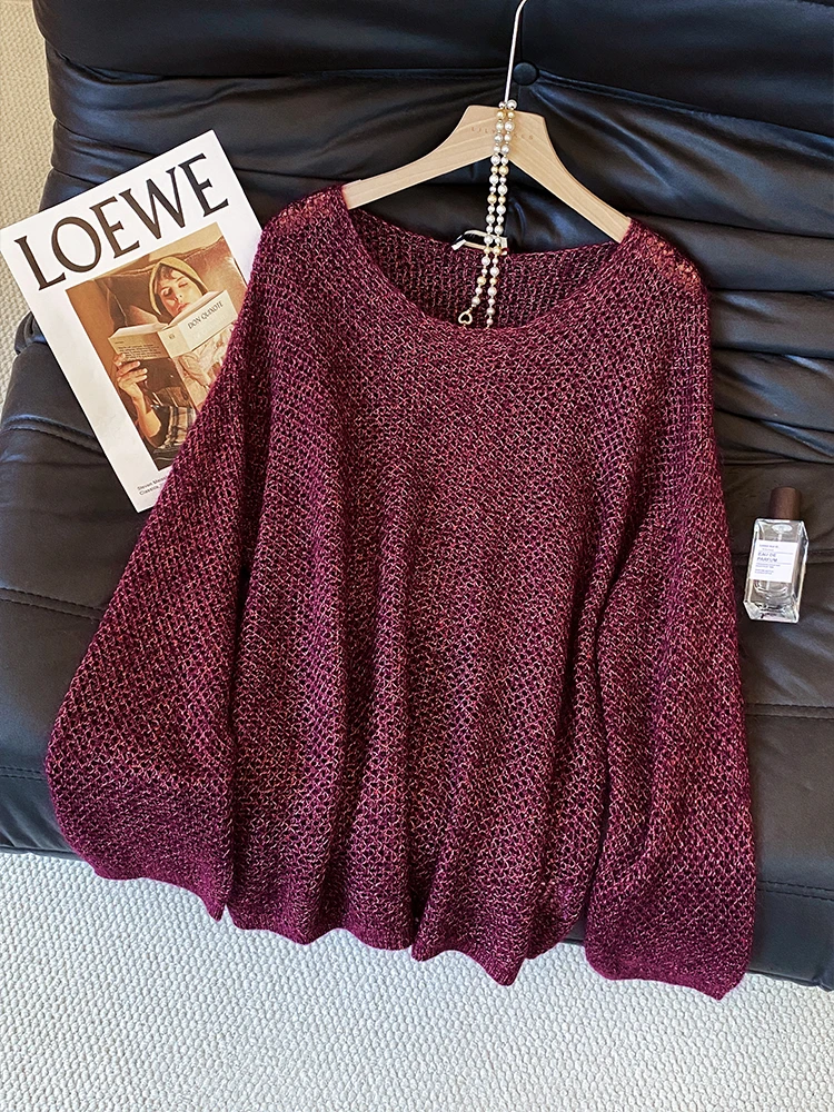 2025秋季葡萄紫洋气时尚轻熟宽松针织衫法式宽松慵懒长袖上衣女士