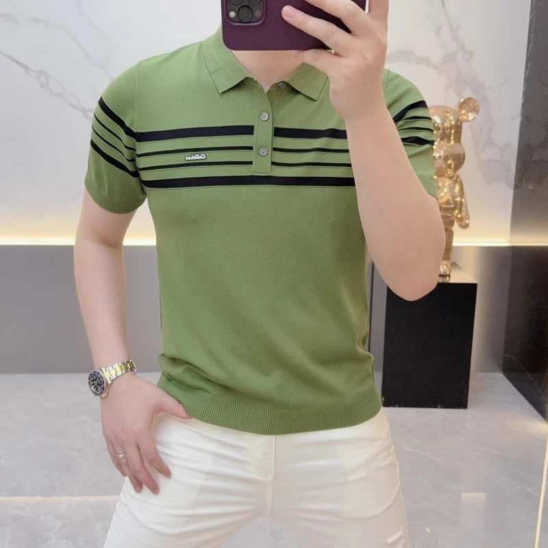 男士polo衫2025夏季简约休闲条纹修身百搭徽章潮流冰丝短袖T恤