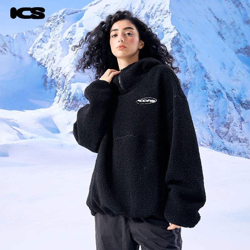 ics丨iconslab解构半高领刺绣仿羊羔毛CleanFit外套连帽保暖