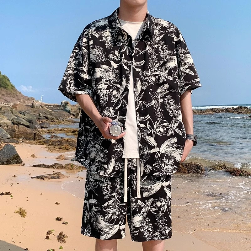 夏季碎花衬衫短裤沙滩套装男潮牌薄款痞帅海边穿搭大码冰丝两件套