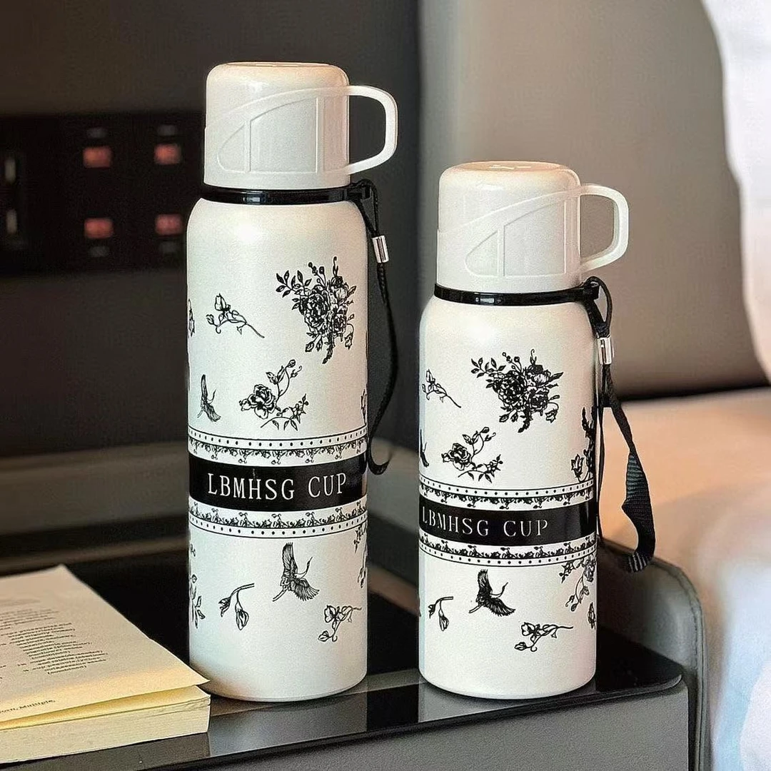 栀子花保温杯316不锈钢大容量水杯女生学生高颜值便携双盖随行杯G