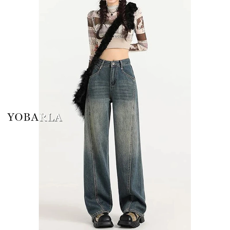 美式复古阔腿牛仔裤女春季新款大码高腰显瘦梨形身材设计感直筒裤