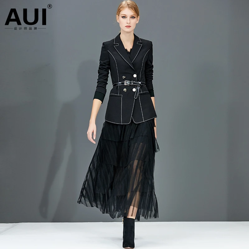 【七语专属】AUI黑色设计感西装外套气质撞色修身西服-19C044043