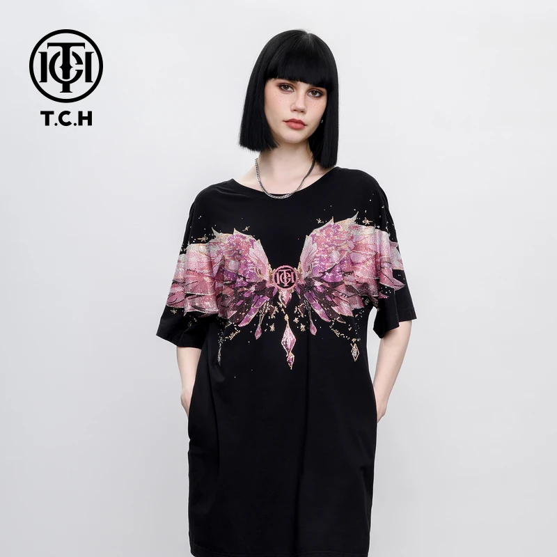 TCH 暗黑甜酷烫钻粉翅膀宽松显瘦蝴蝶结连衣裙女新款T75B306077