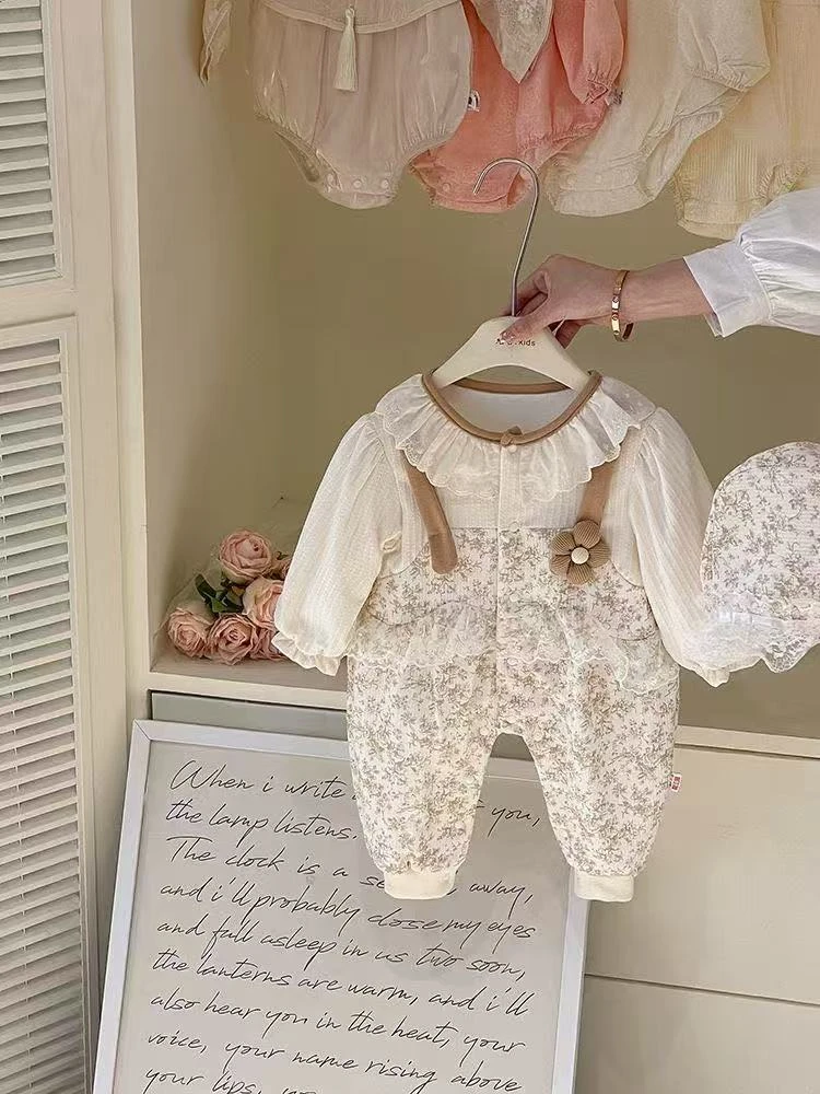 秋款上新婴儿碎花连体衣女婴春装宝宝假两件套装洋气百天公主哈衣