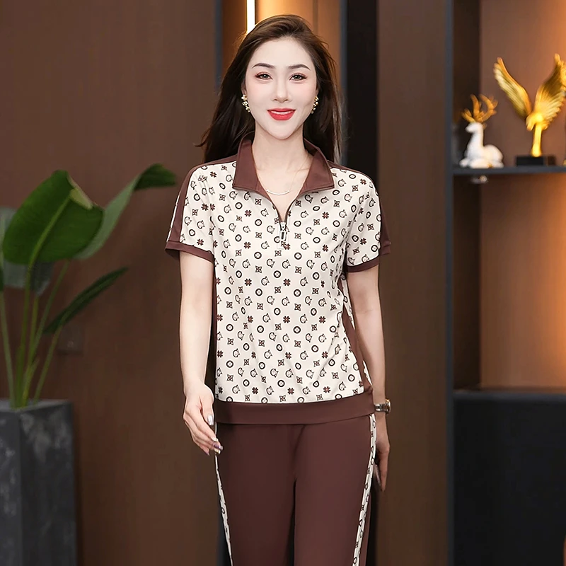 短袖运动套装女2025夏季新款时尚洋气花色显瘦长裤跑步休闲两件套