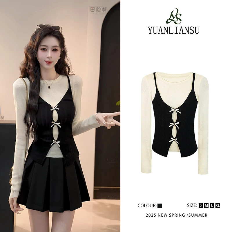 YUANLIANSU/圆脸酥【水墨芭蕾】韩系减龄蝴蝶结拼接假两件针织衫女