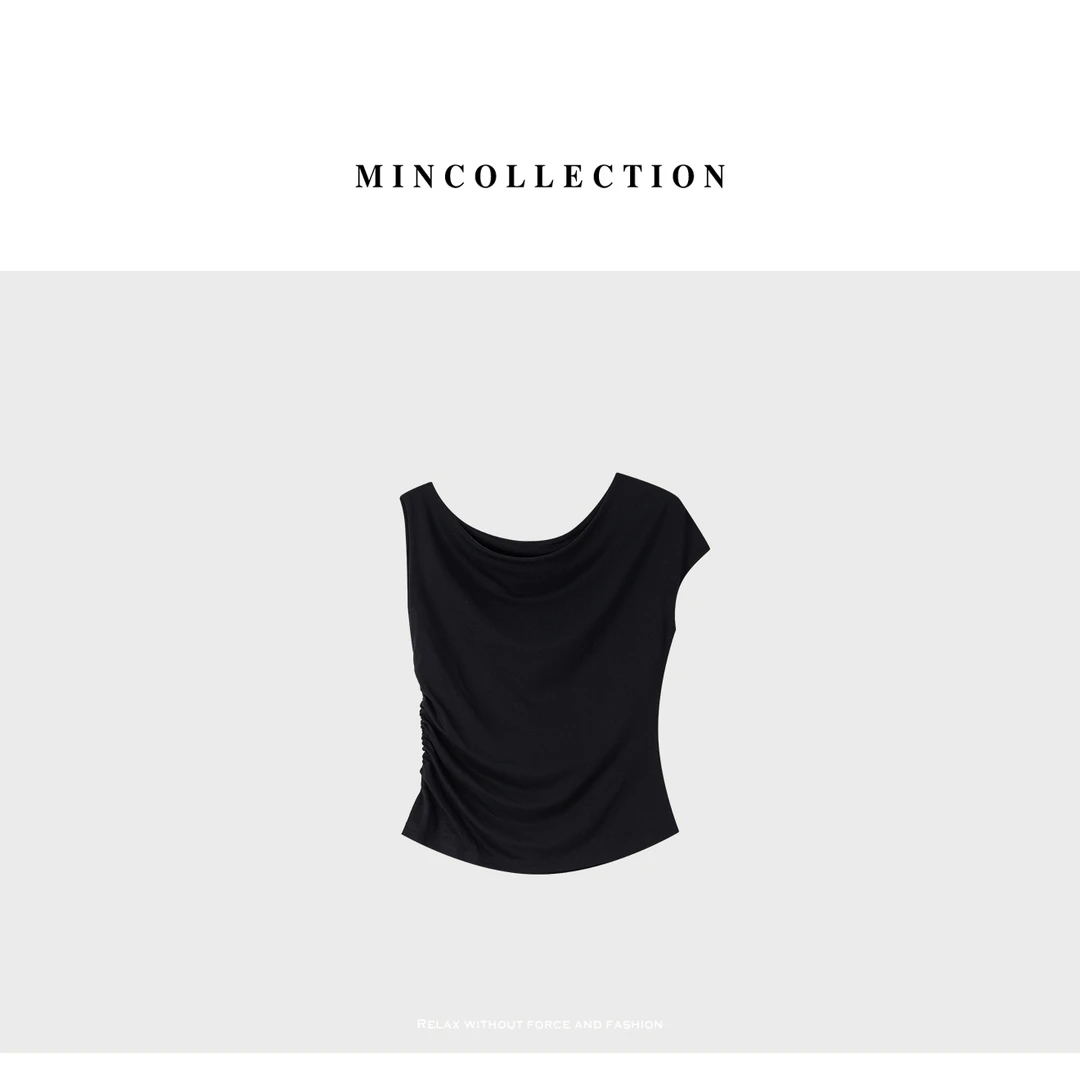 斜肩褶皱T/荡领不规则褶皱显瘦木代尔T恤55044