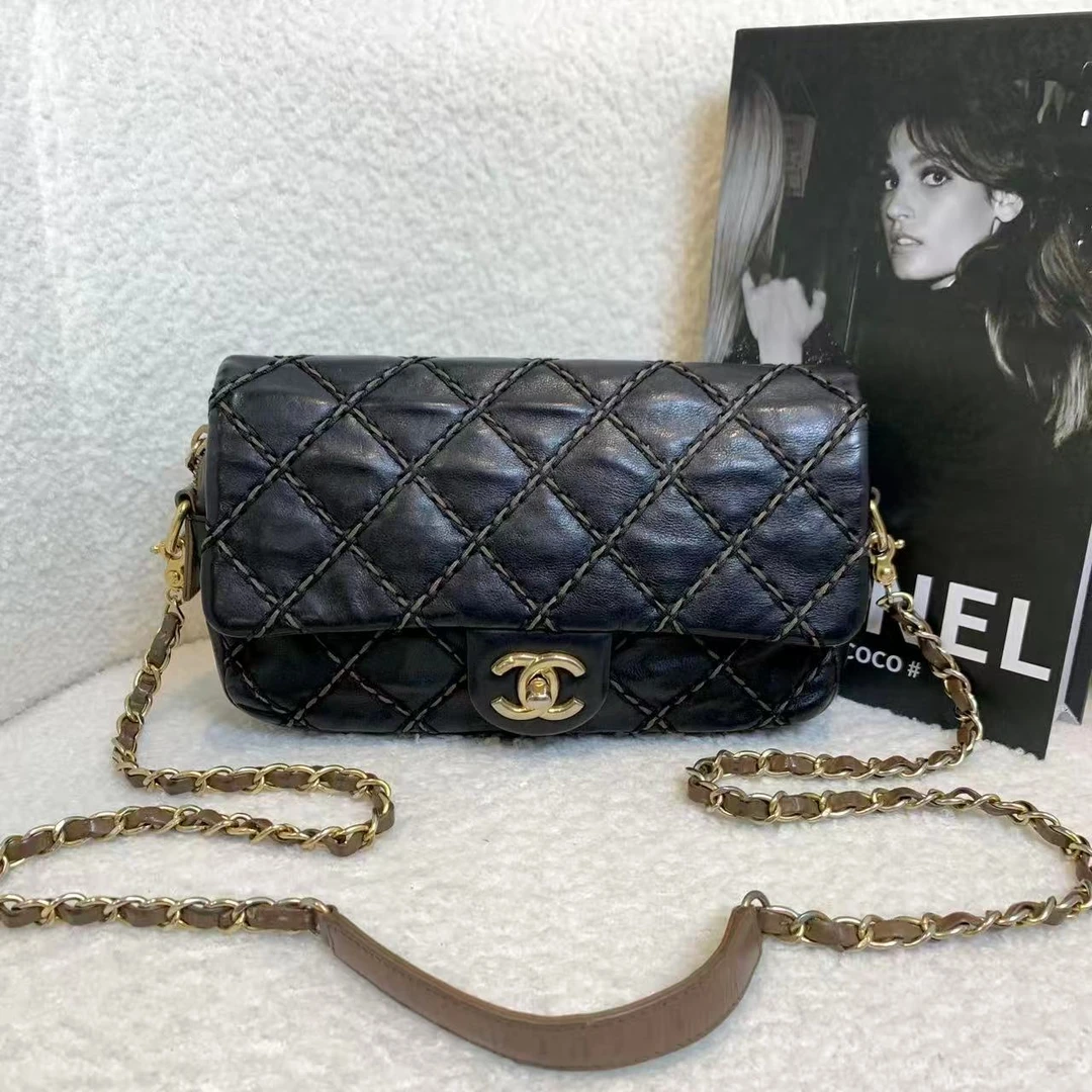 90新 Chanel/香奈儿 壹臻/黑金菱格外缝线CF 口盖包19开 75722578