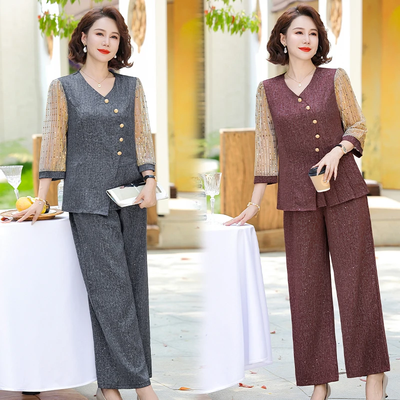 2025年夏季休闲套装七分袖上衣两件套中老年妈妈装夏季大码女装