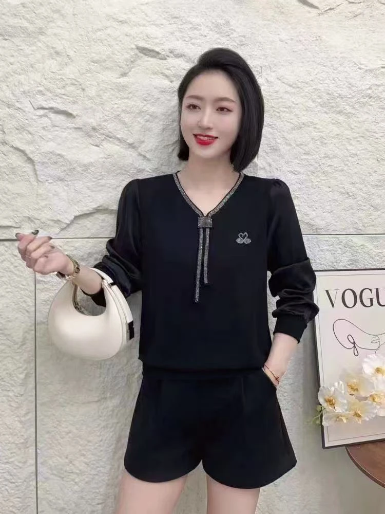 （女王范）2501领结带钻长袖T恤