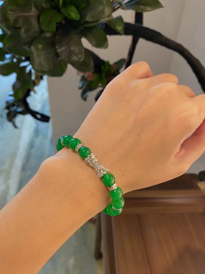 天然缅甸A货翡翠18k金镶嵌绿手串