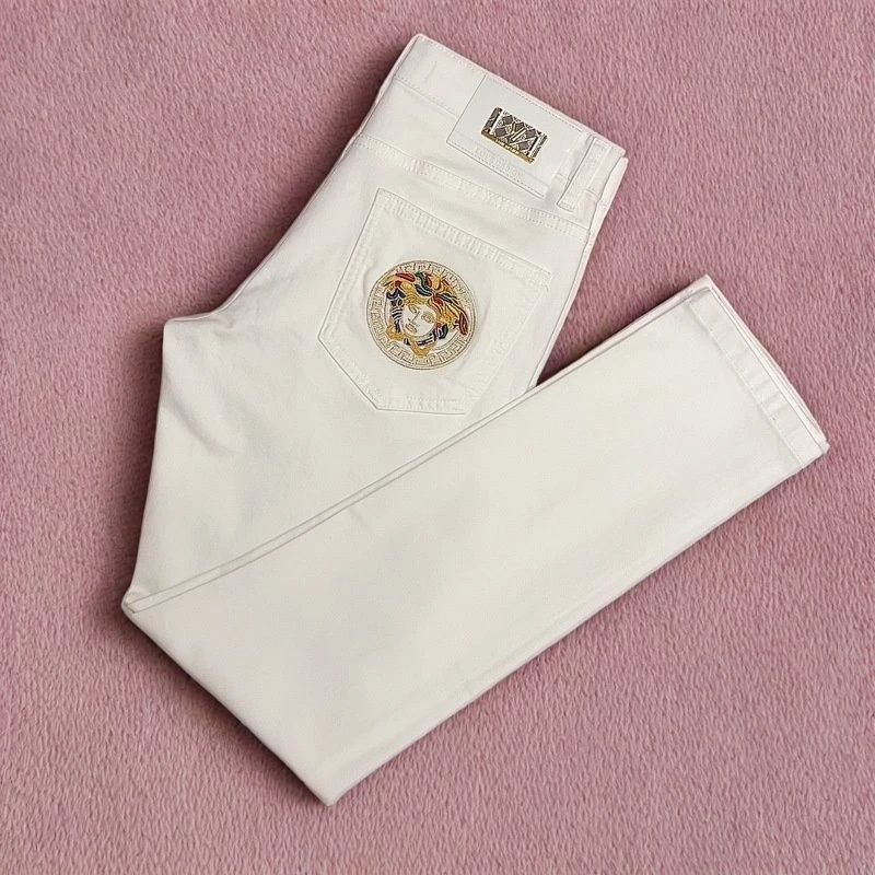 欧货高档四季款白色牛仔裤男款精致刺绣弹力修身时尚百搭潮流长裤