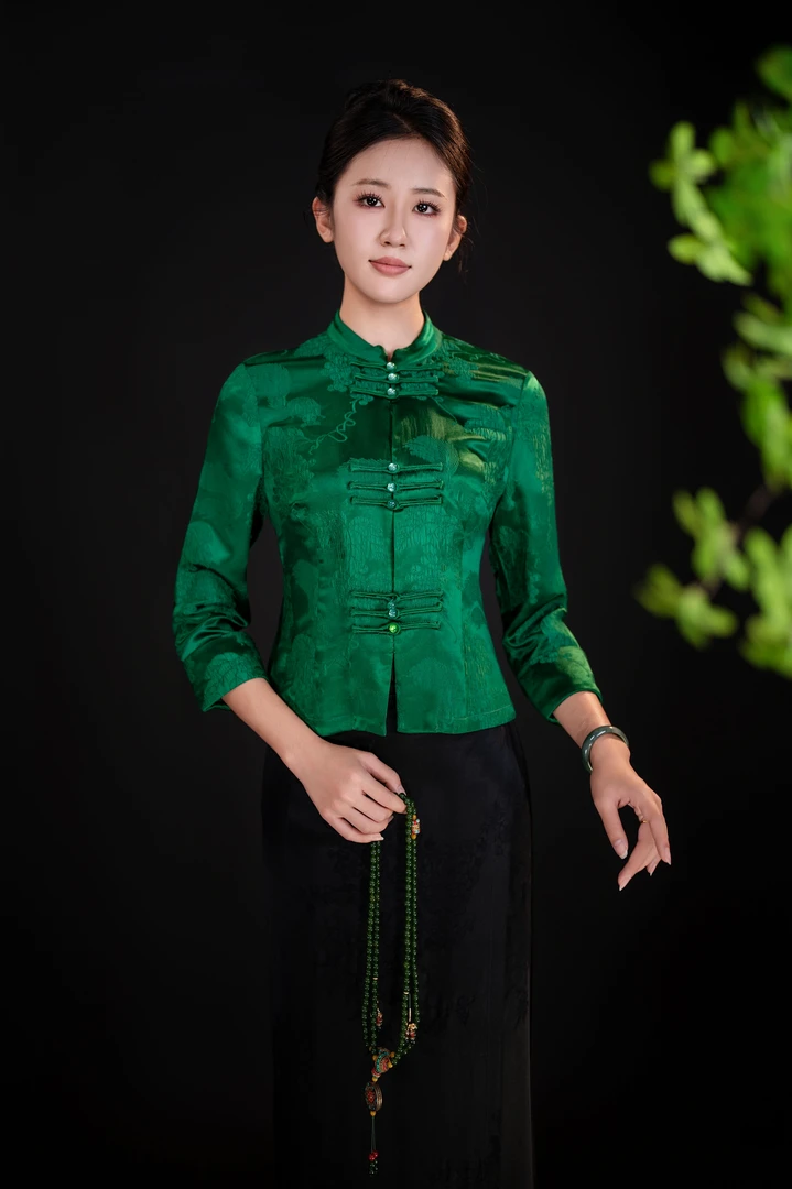 [新年新气象]曼谷绿色桑蚕丝上衣气质长袖国风中式提花