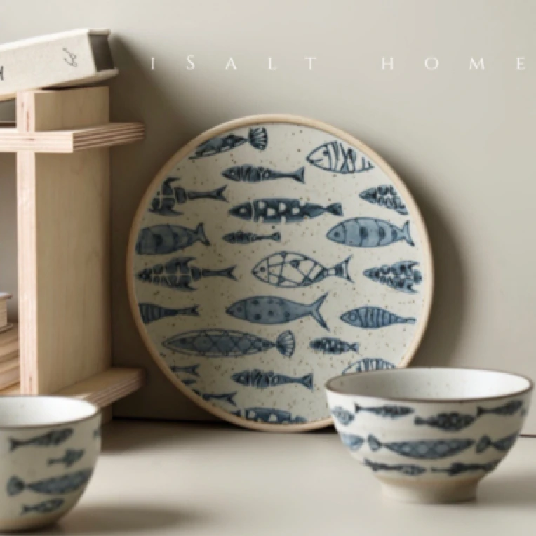 出丹麦手作粗青鱼群赶海碗盘杯早餐盘家用菜盘米饭碗咖啡杯釉下彩