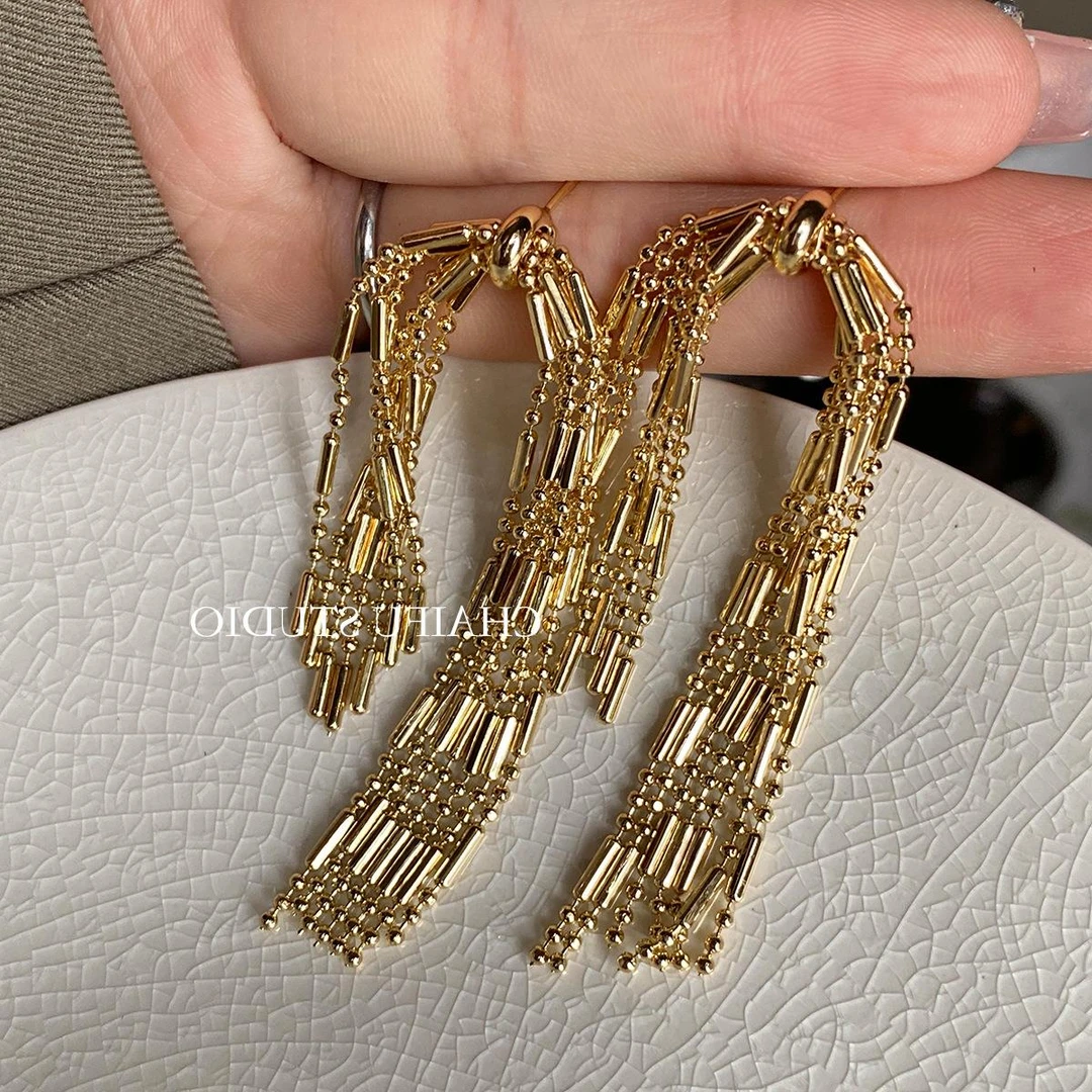 铜合金锆石耳饰 法式金属流苏链条轻奢小众设计感气质耳环长款高