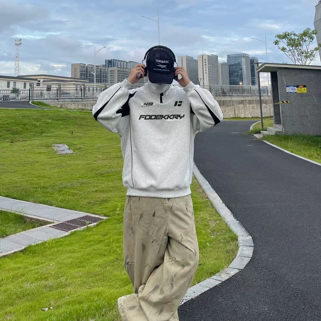 美式潮牌数字印花拼接撞色半拉链卫衣男女秋冬季休闲百搭立领外套