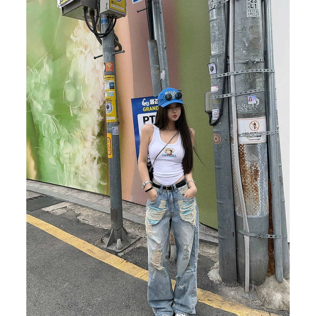 21DEGREES【炸街辣妹】白色贝蒂印花背心蓝色破洞低腰牛仔裤