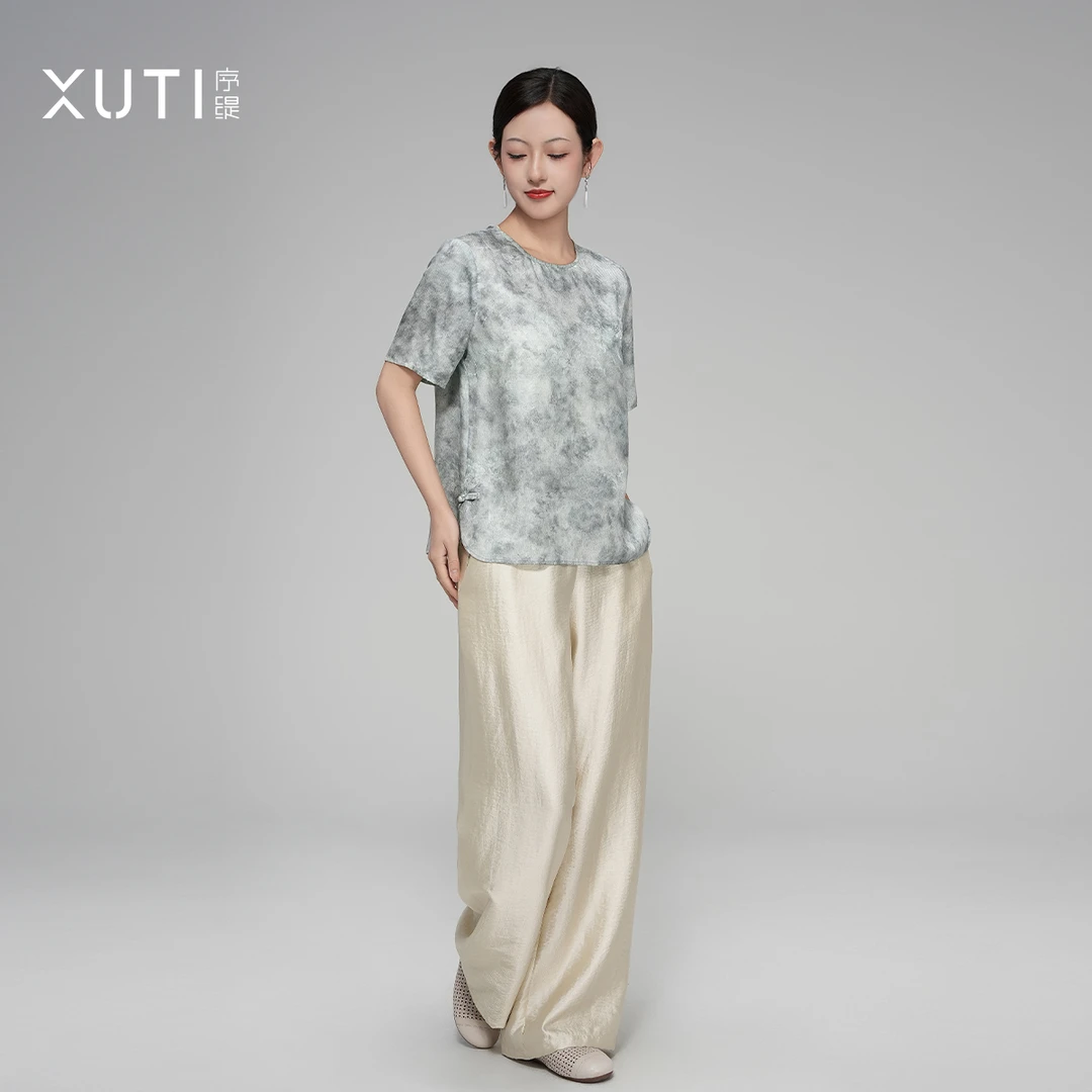 序缇国风新中式桑蚕丝短袖t恤上衣女夏季新款宽松显瘦H231-12707