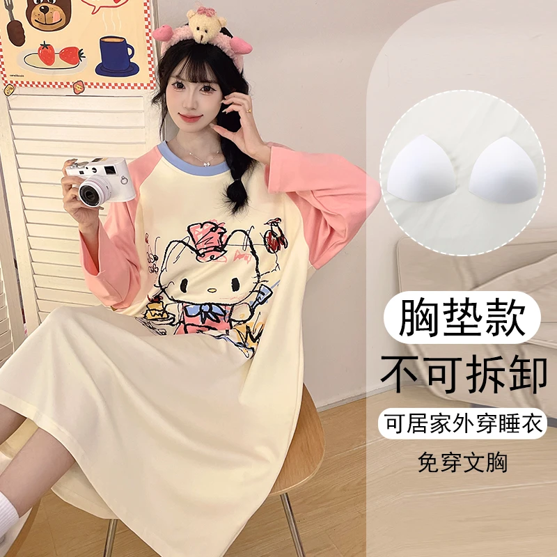 甜美睡衣女款爆款2025新款春秋季可外穿大码长袖睡裙带胸垫家居服