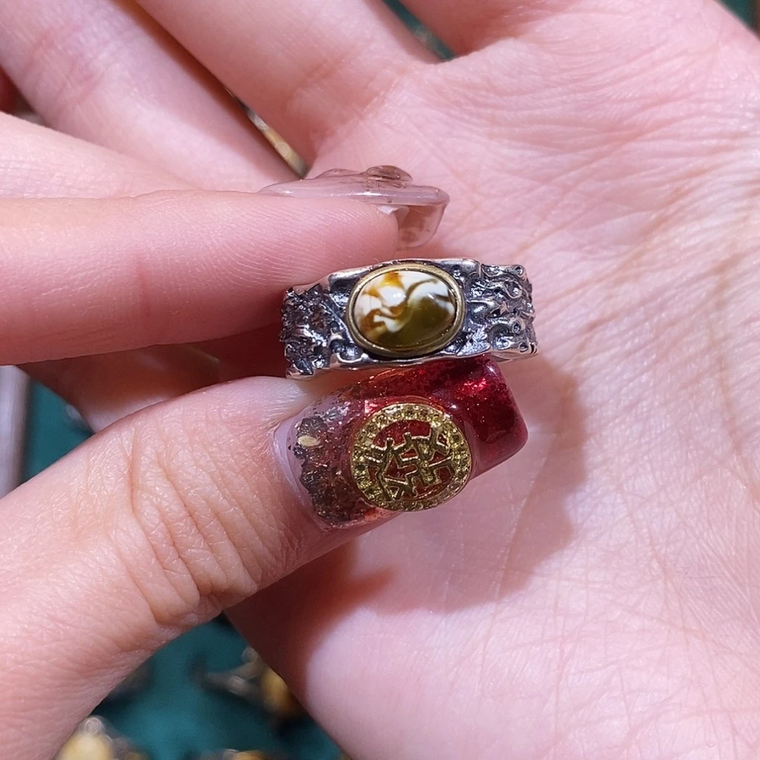 琥珀戒指银S925镶嵌戒指