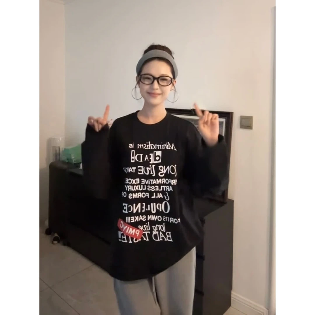 美式复古潮流字母印花长袖t恤女2025新款早秋百搭纯棉黑色上衣服