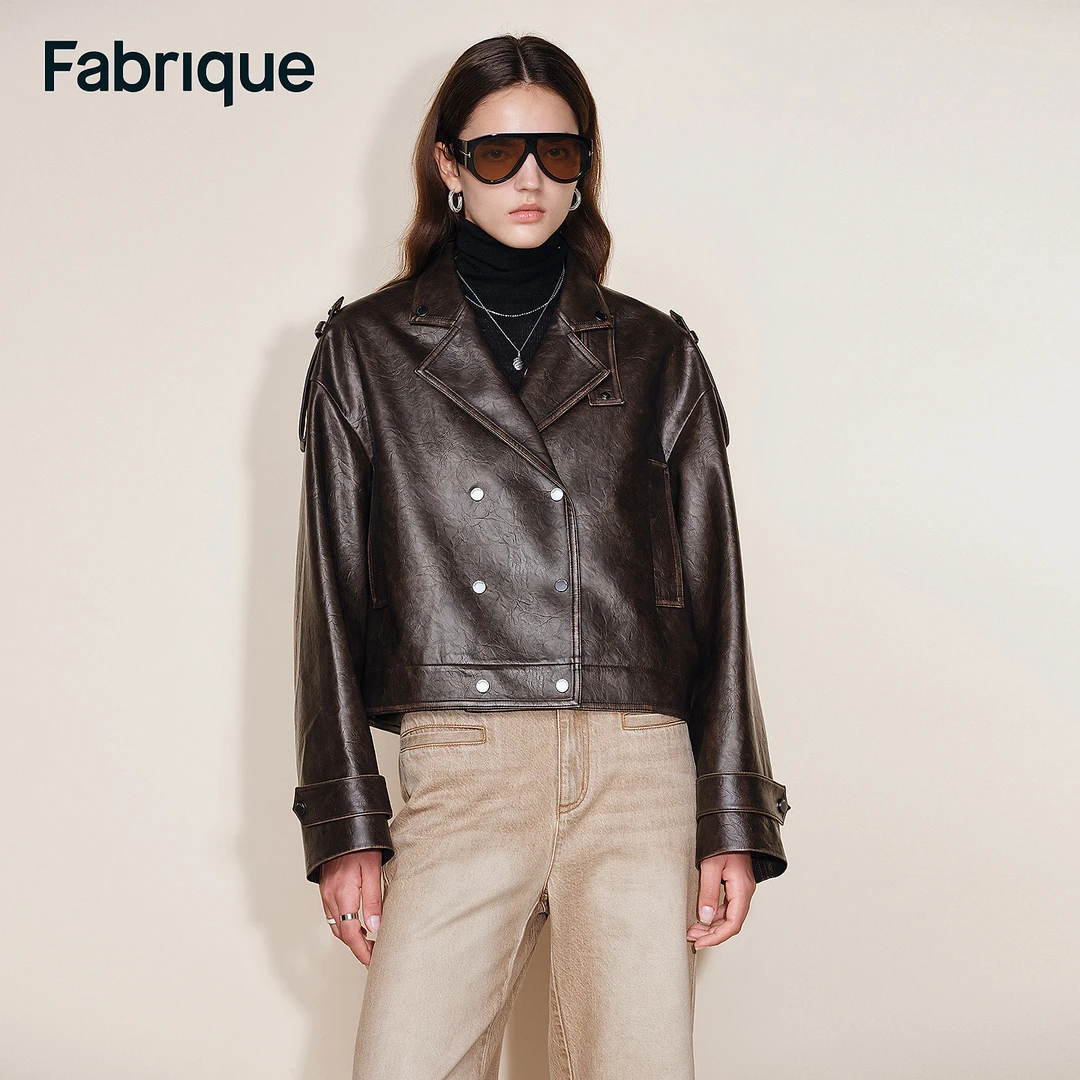 Fabrique Levante 风暴纹理做旧擦色翻领短款环保皮夹克外套