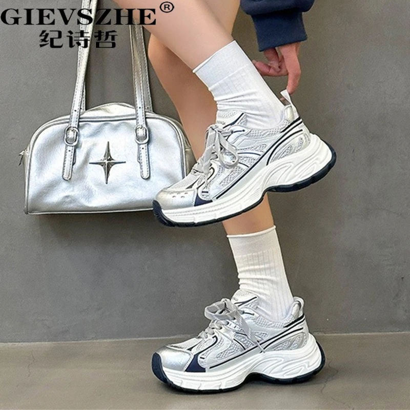 纪诗哲银色老爹鞋女秋冬新款厚底增高防滑运动鞋真皮透双层方头