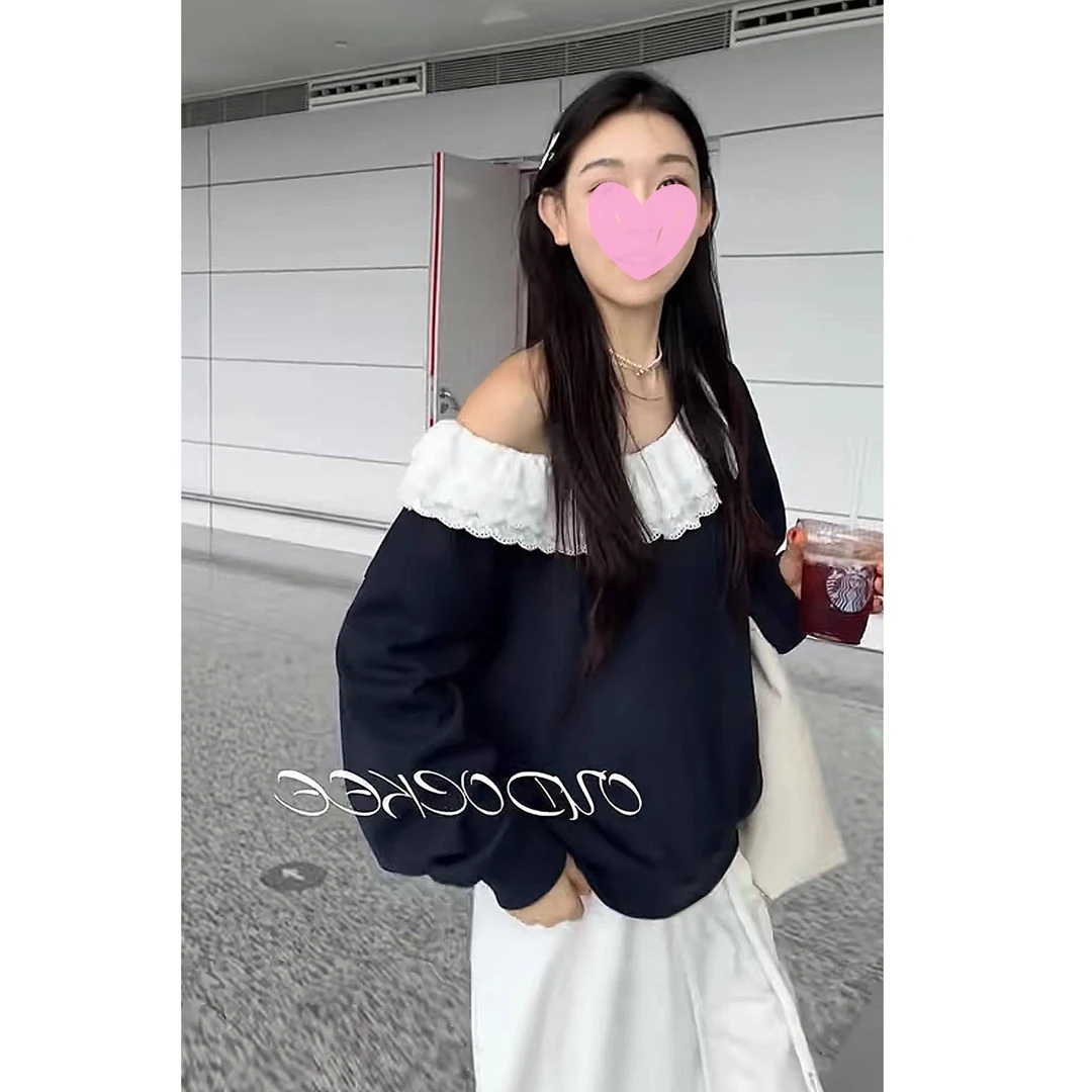 oajer鸥欧纪儿旗舰女装店同款初秋法式气质纯欲蕾丝拼接斜肩卫衣