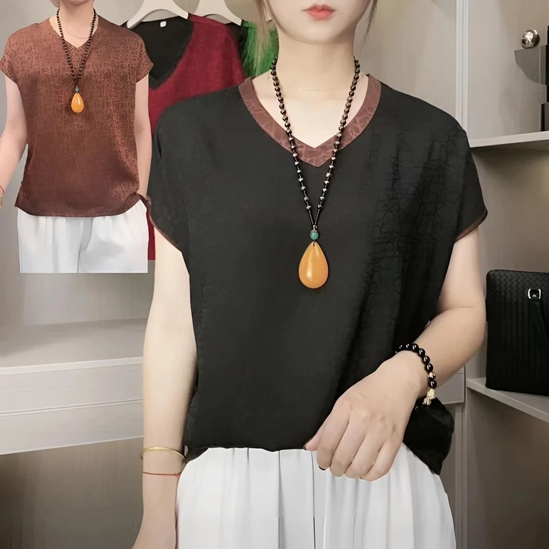 （运费险）双面双穿夏季新款时尚V领显瘦宽松短袖洋气妈妈装短袖